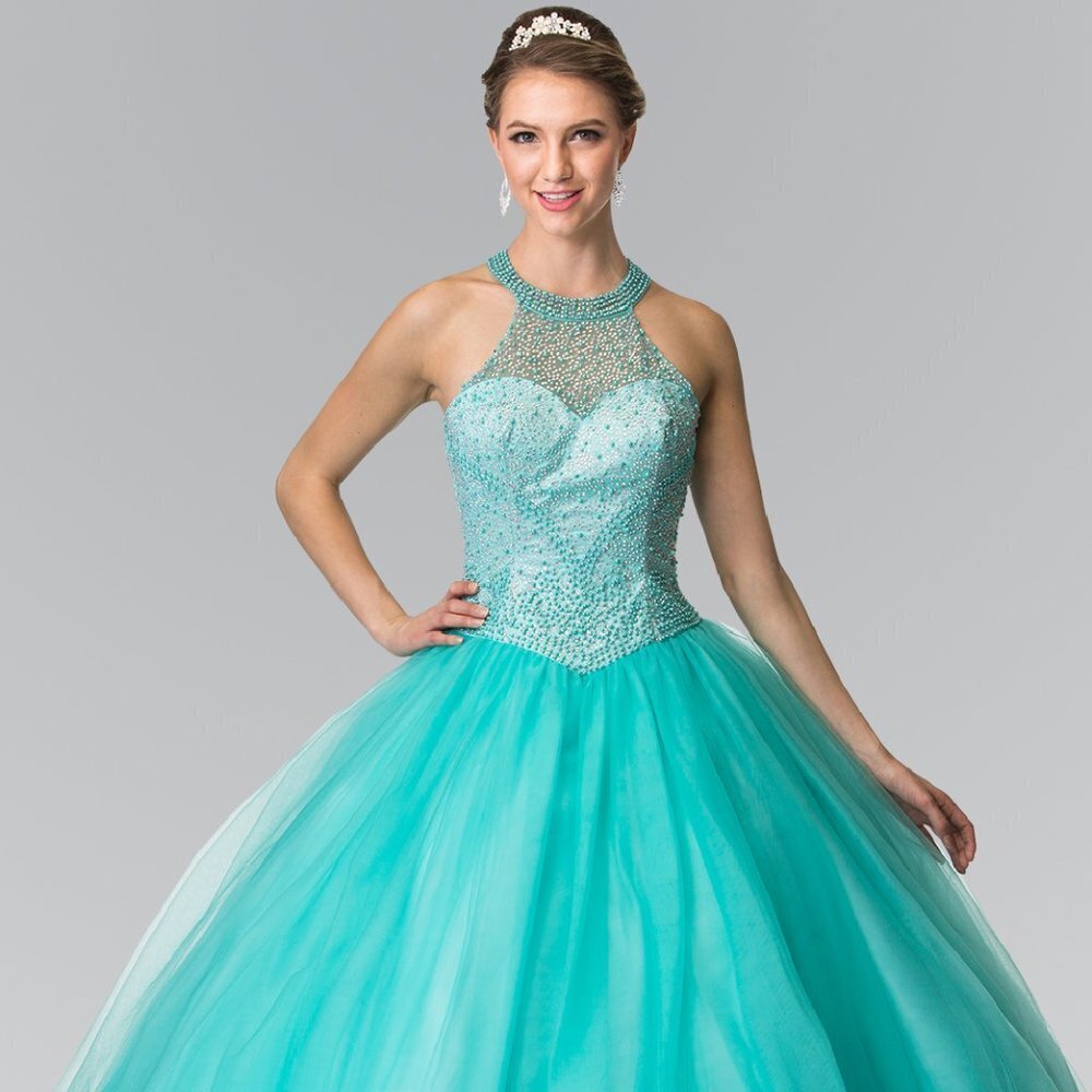 NEW TULLE BALL GOWN WITH HALTER NECKLINE EMBROIDERED WITH RHINESTONES GL2309
